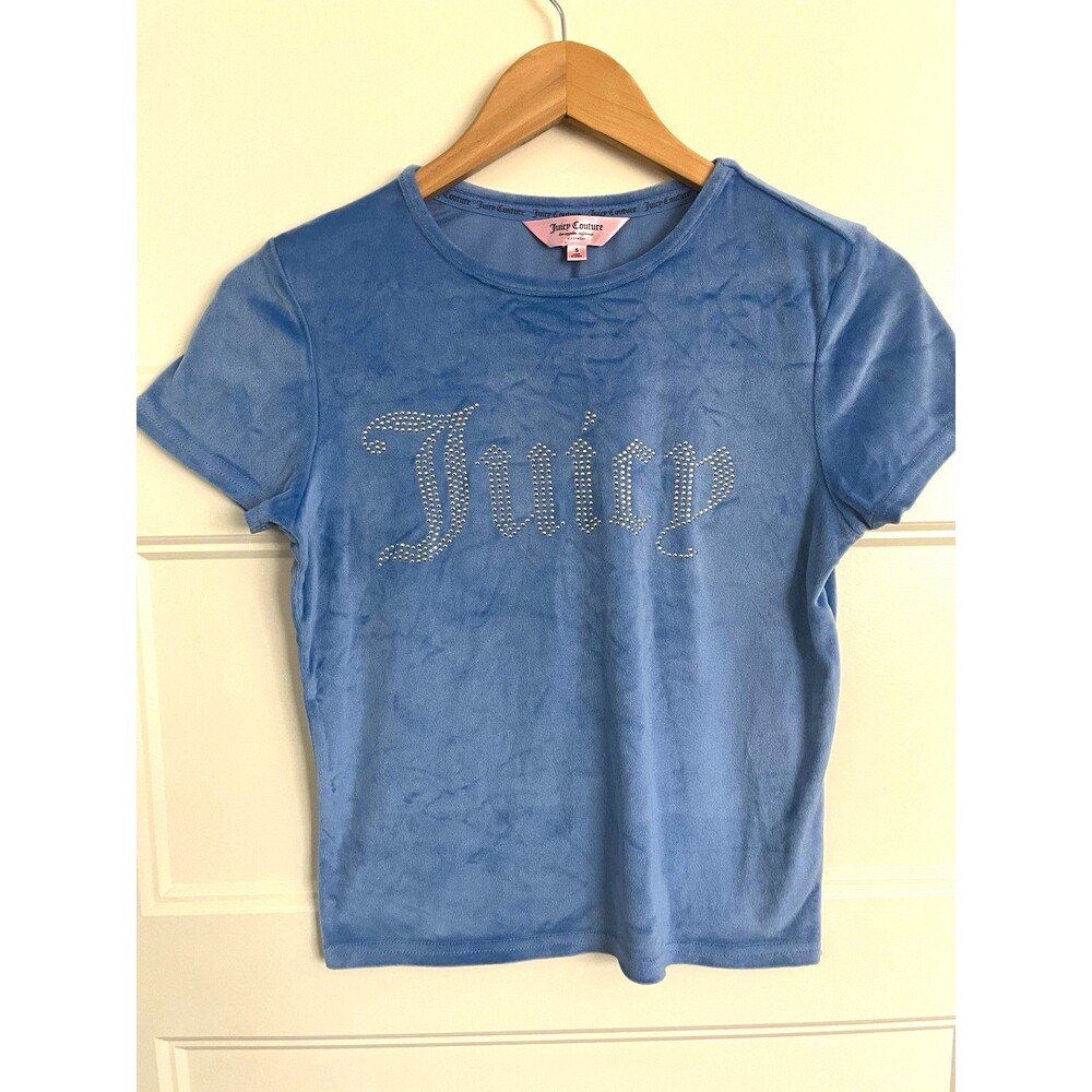Juicy Couture Velour Shirt Womens Small Blue Rhinestone Bling Sleepwear Top Y2K
